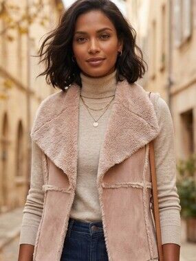 Bellambra Made in Italy Faux Suede & Shearling Open-Front Vest - Size M